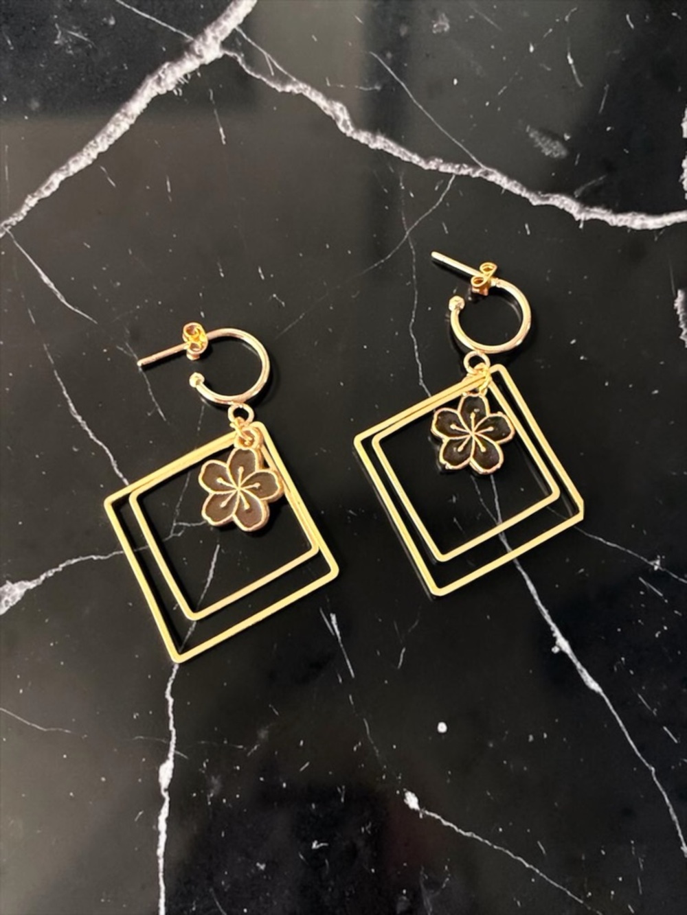 Gold Floral Charm black Double-Square Drop Earrings